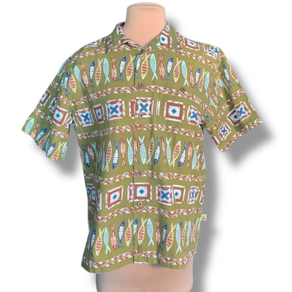 Joe Marlin Fish Printed‎ Green Short Sleeve Button-Up Tropical Hawaiian Shirt